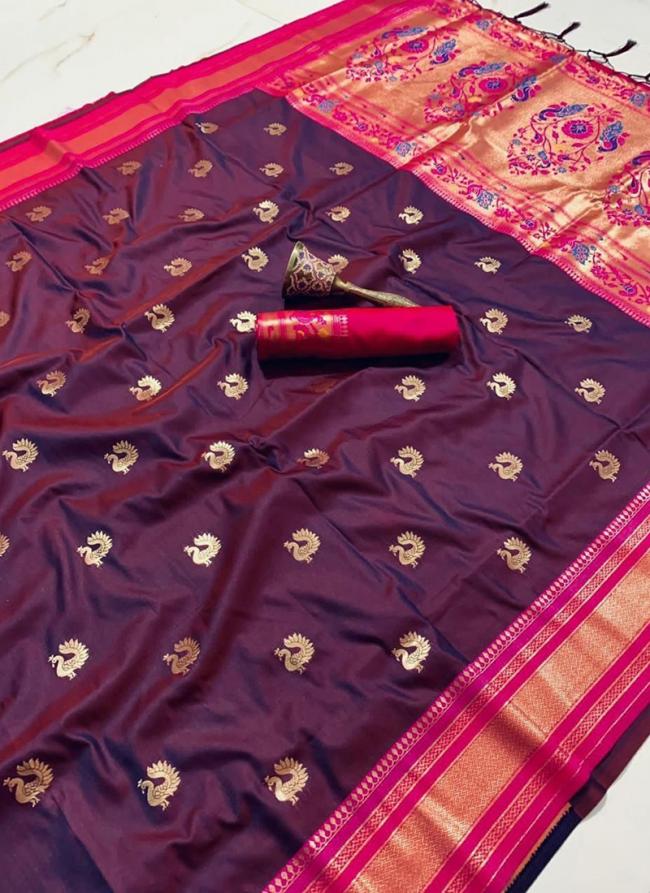 Paithani Silk Wine Traditional Wear Zari Work Saree